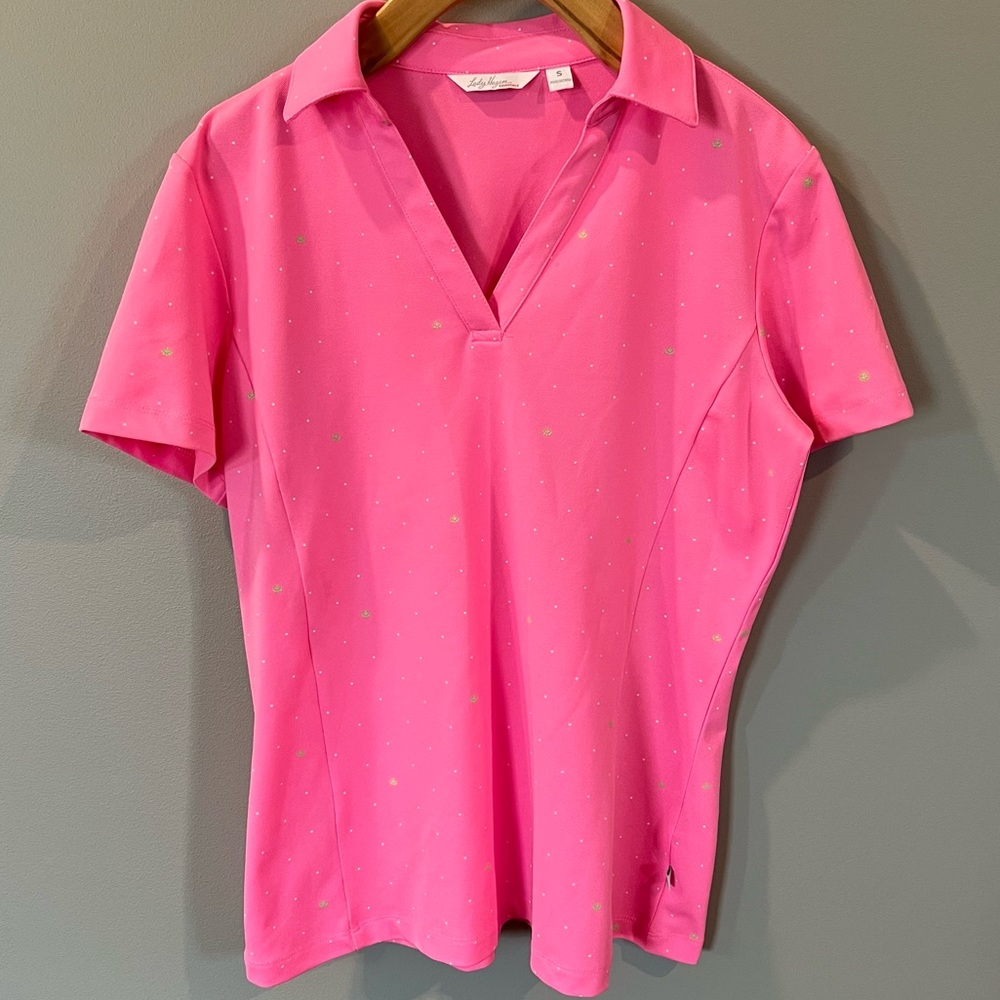 Lady Hagen Pink Green Polka Dot Short Sleeve Collar V-Neck Golf Shirt Small